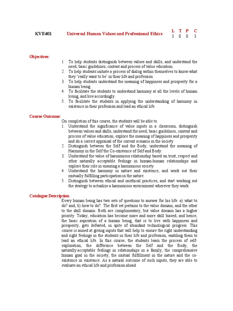 Universal Human Values and Professional Ethics L T P C: Objectives