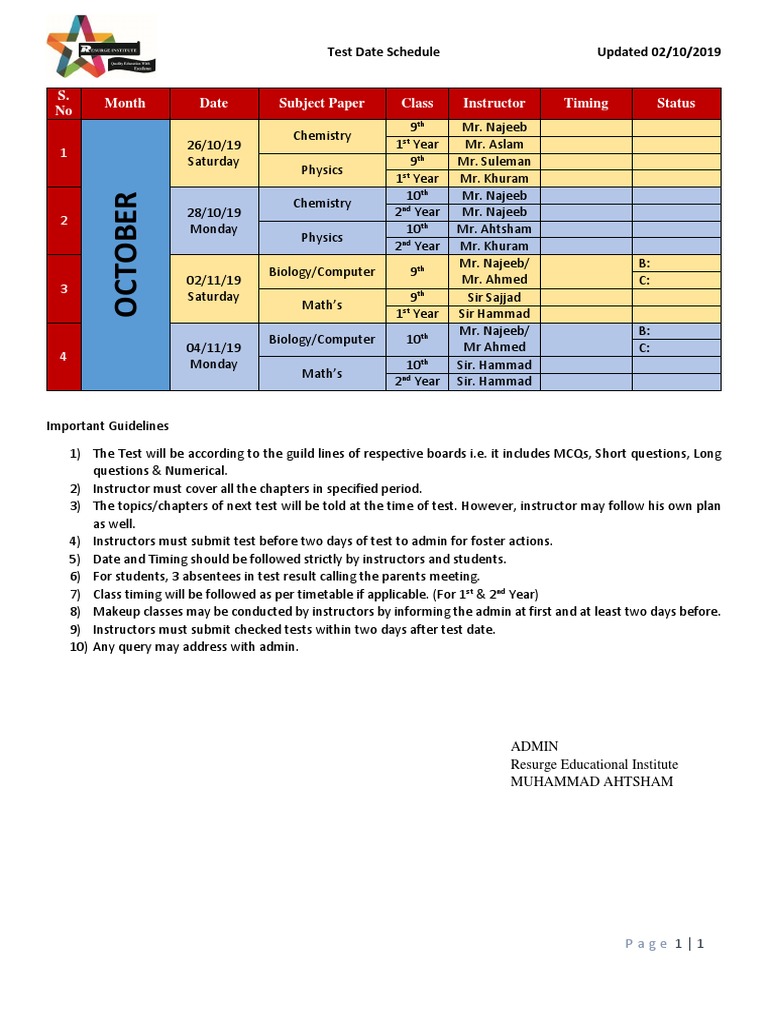 Test Schedule October PDF | PDF | Learning