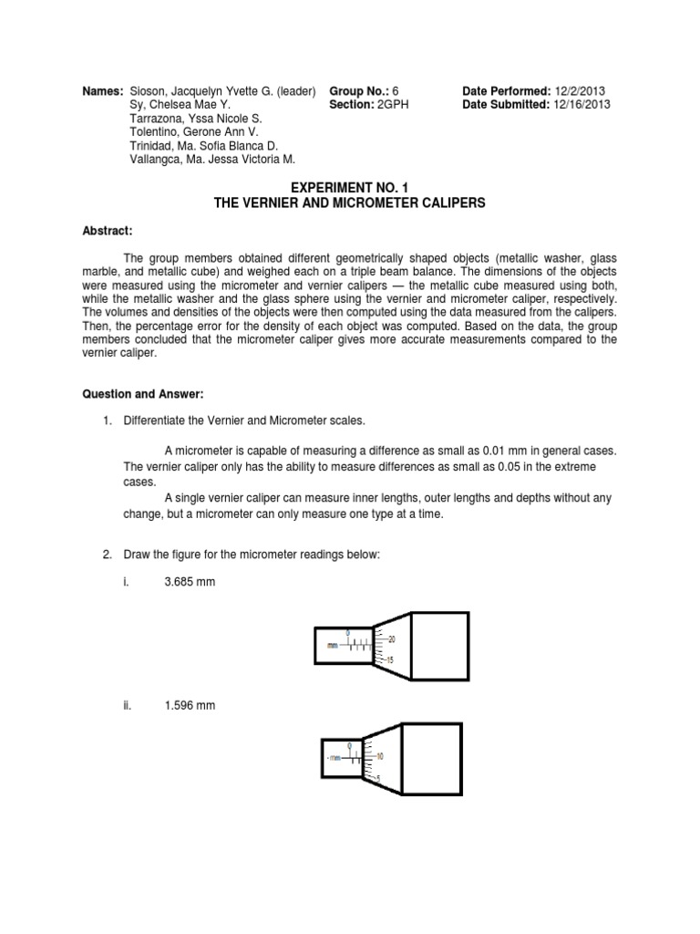 Experiment No. 1 The Vernier and Micrometer Calipers PDF