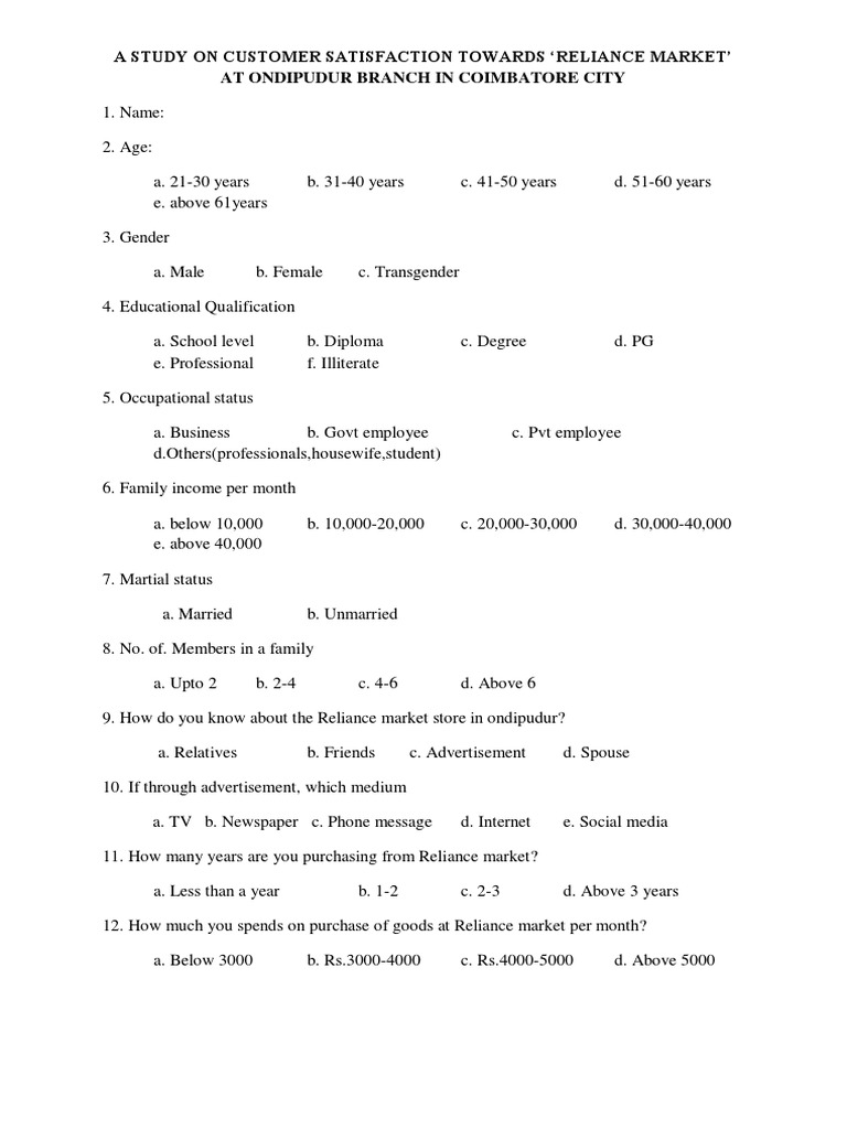 Customer Satisfaction at Reliance Market | PDF | Discounts And ...