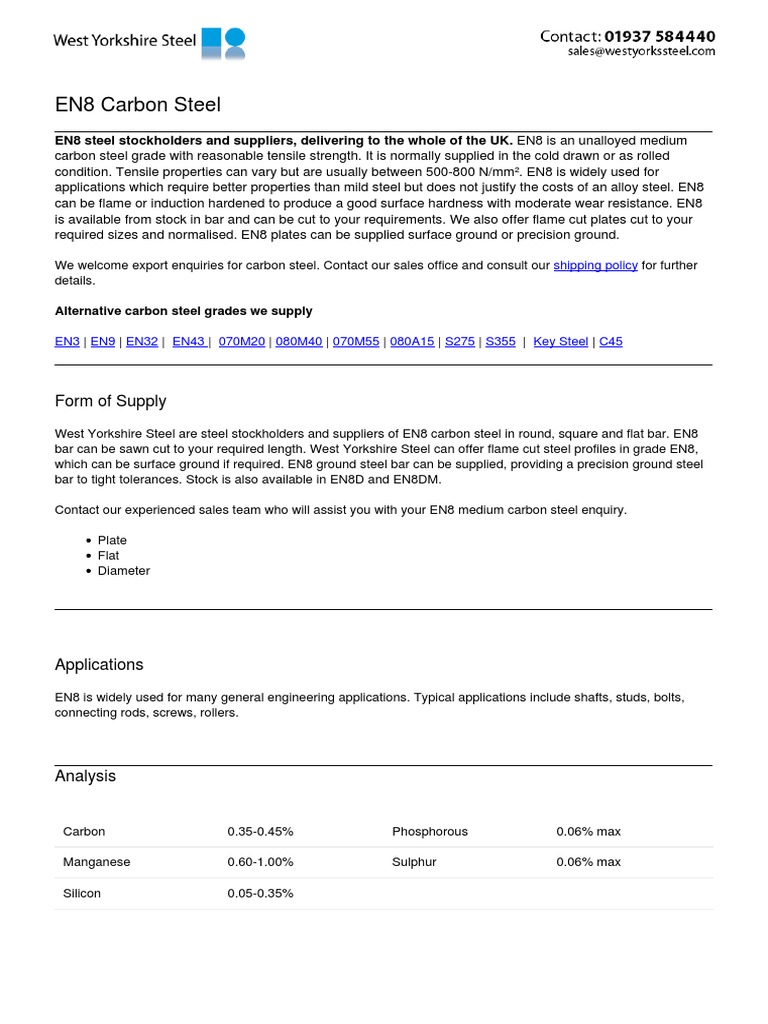 EN8 Carbon Steel: Form of Supply | PDF | Heat Treating | Forging
