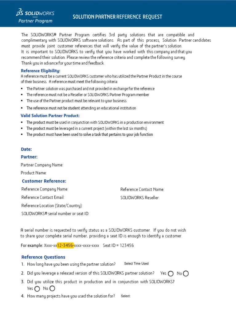 SOLIDWORKS Partner SP Reference Request Rev H - R12 PDF | PDF ...