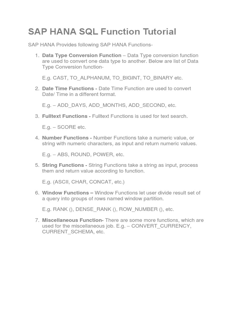 SAP HANA SQL Functions Guide | PDF