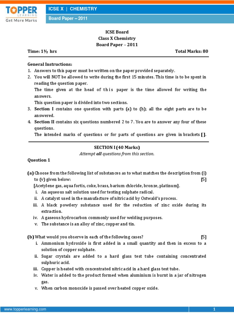 Icse X Chemistry Board Paper 2011 PDF Sulfuric Acid Hydroxide