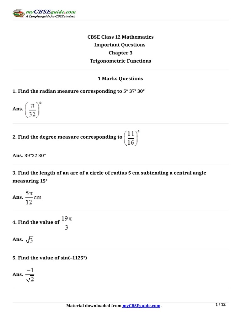 11 Mathematics Imp ch3 1 PDF | PDF | Trigonometric Functions | Sine