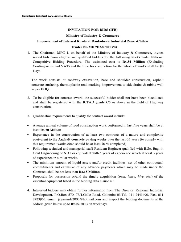 Invitation For Bids (Ifb) Ministry of Industry & Commerce Improvement