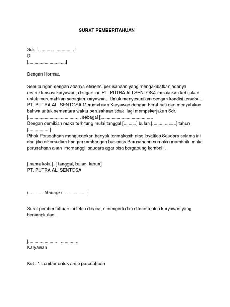 Contoh Surat Pemberitahuan Merumahkan Karyawan