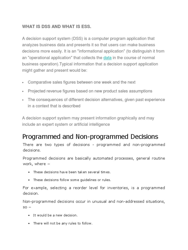 DSS vs ESS: Key Differences Explained | PDF | Decision Support System ...