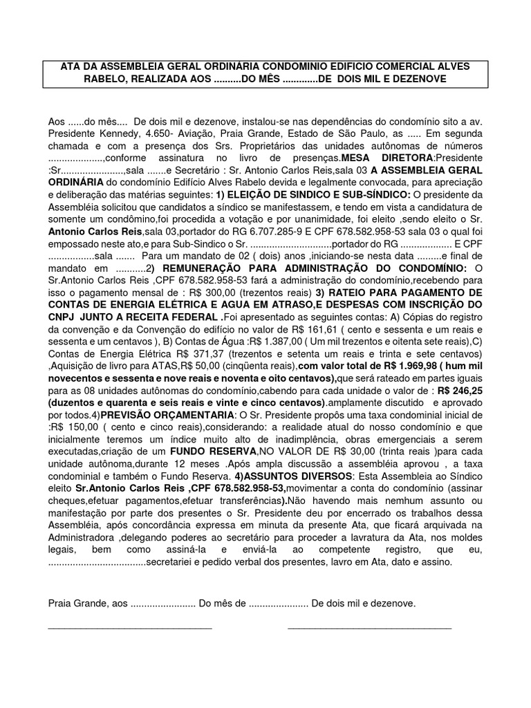 Ata Da Assembleia Geral Ordinária Condominio Edificio Comercial Alves Rabelo Condomínio Brasil