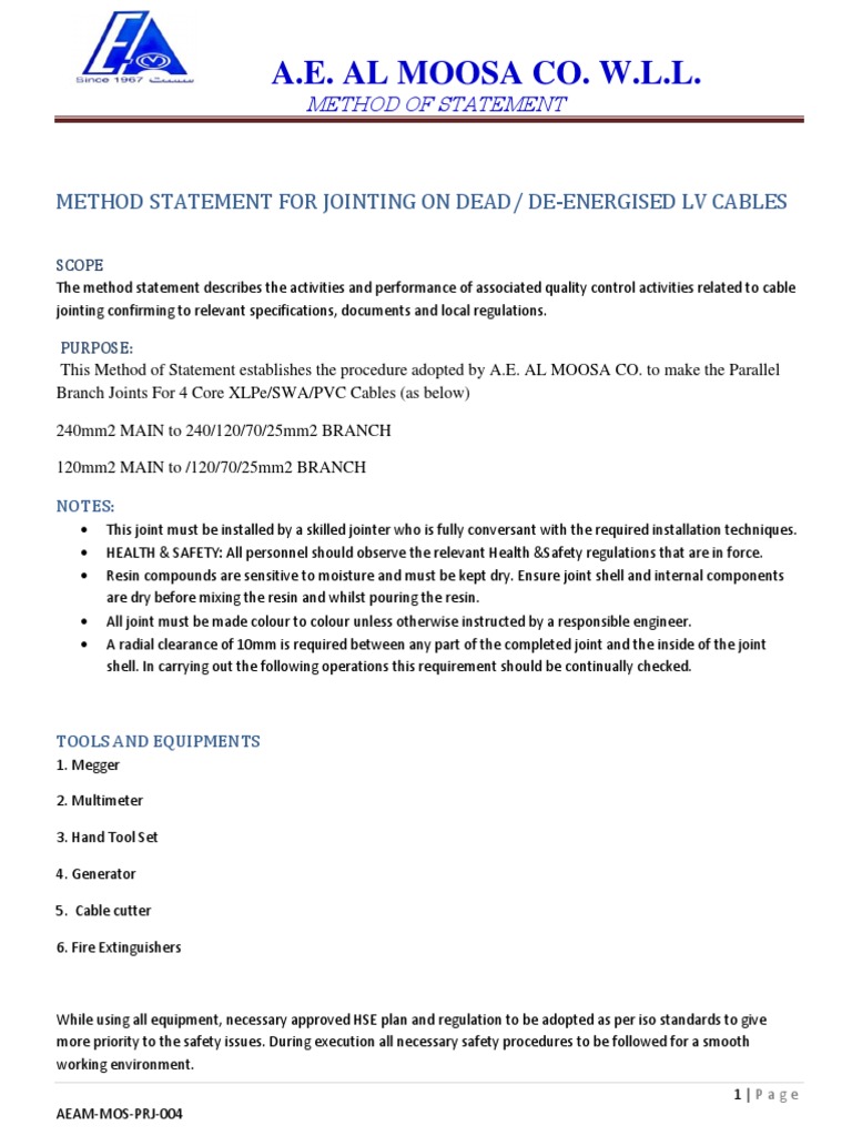 Method Statement Cable Joint LV PDF Electrical Connector