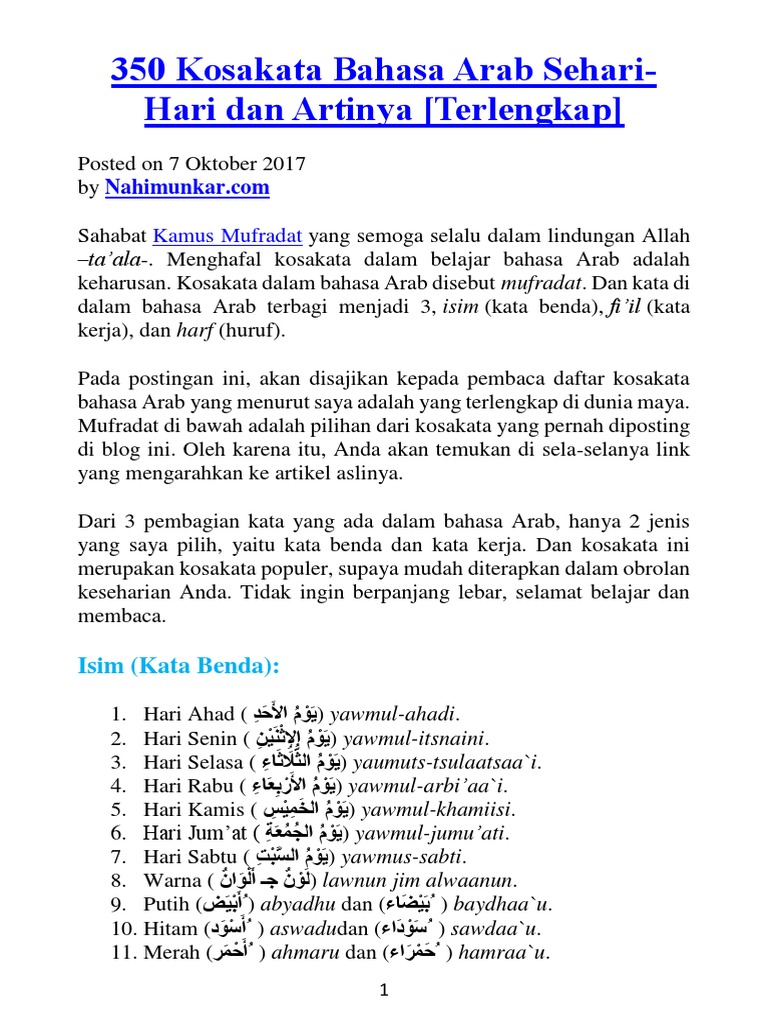 350 Kosakata Bahasa Arab Sehari Hari Dan Artinya Terlengkap