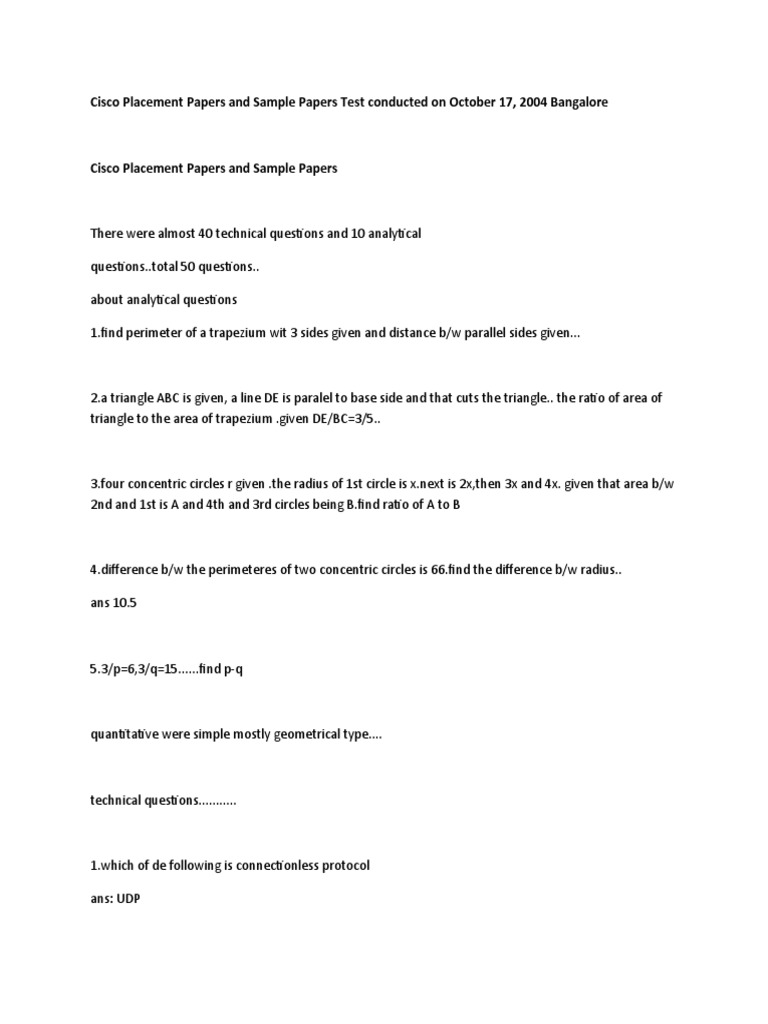 CISCO Placement Sample Paper 1 | PDF