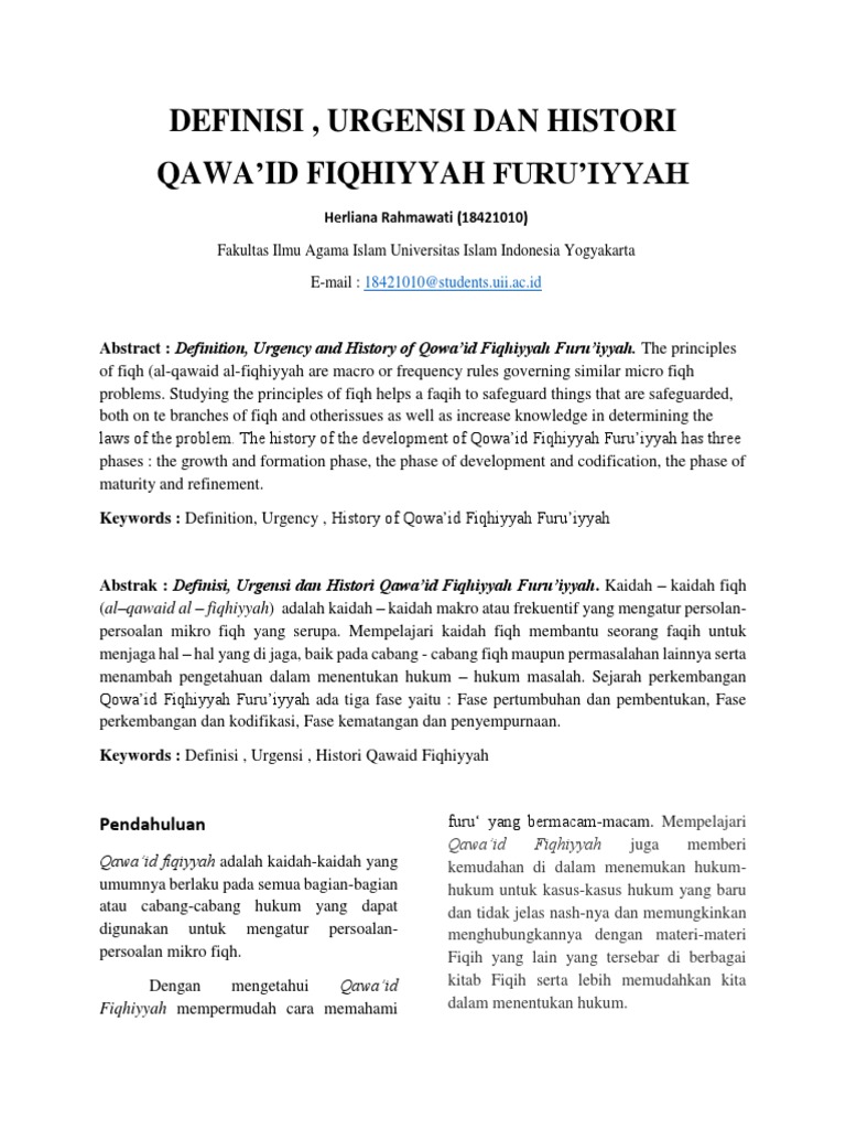 Definisi , Urgensi Dan Histori Qawa’Id Fiqhiyyah Furu’Iyyah