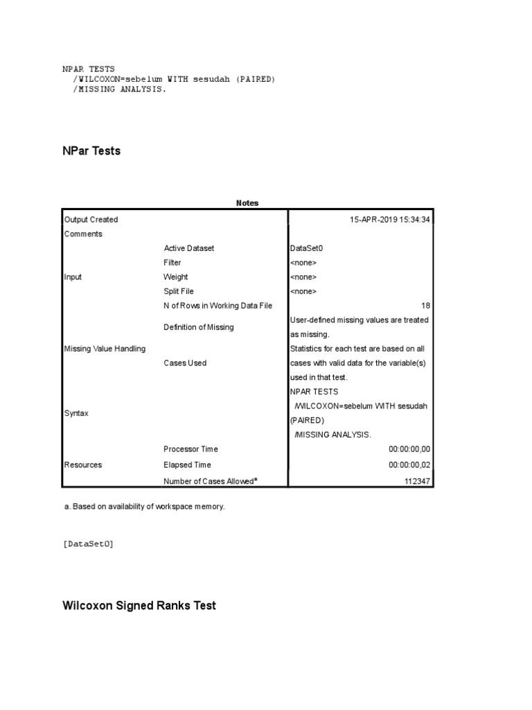 Npar Tests: Npar Tests /wilcoxon Sebelum With Sesudah (Paired) /missing ...