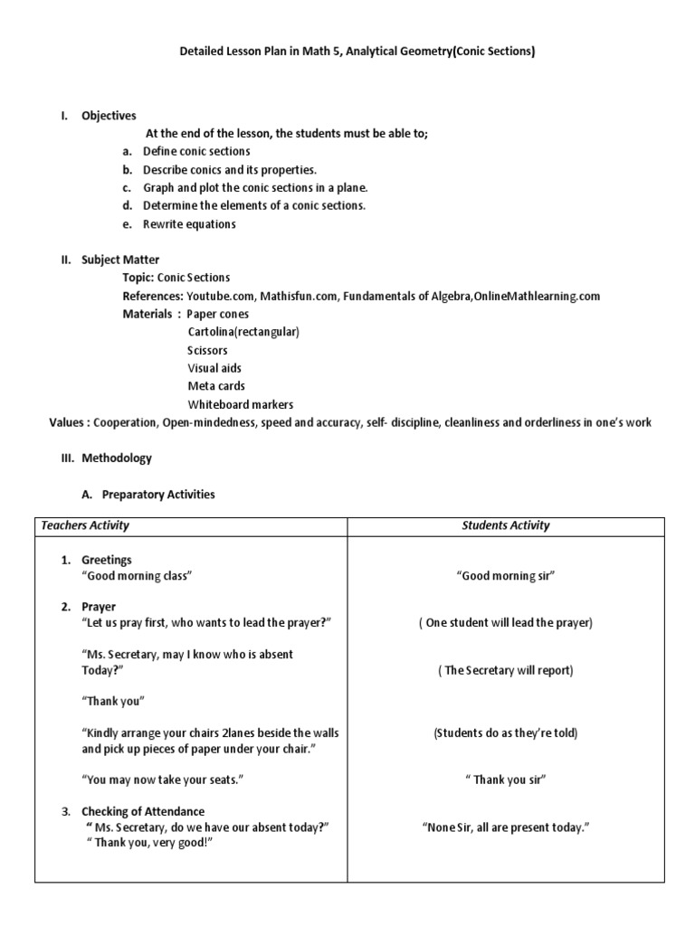 Math 5 Lesson Plan: Conic Sections | PDF | Ellipse | Elementary Geometry