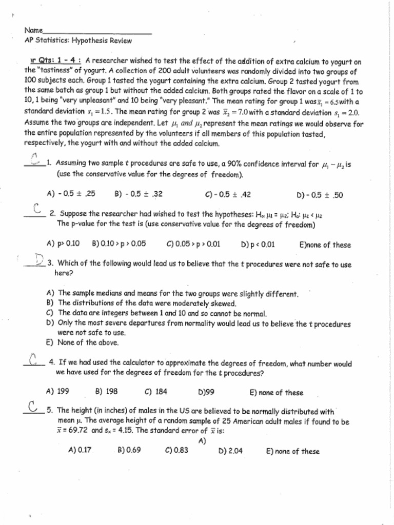 Hypothesis Unit Review Answer Key | PDF