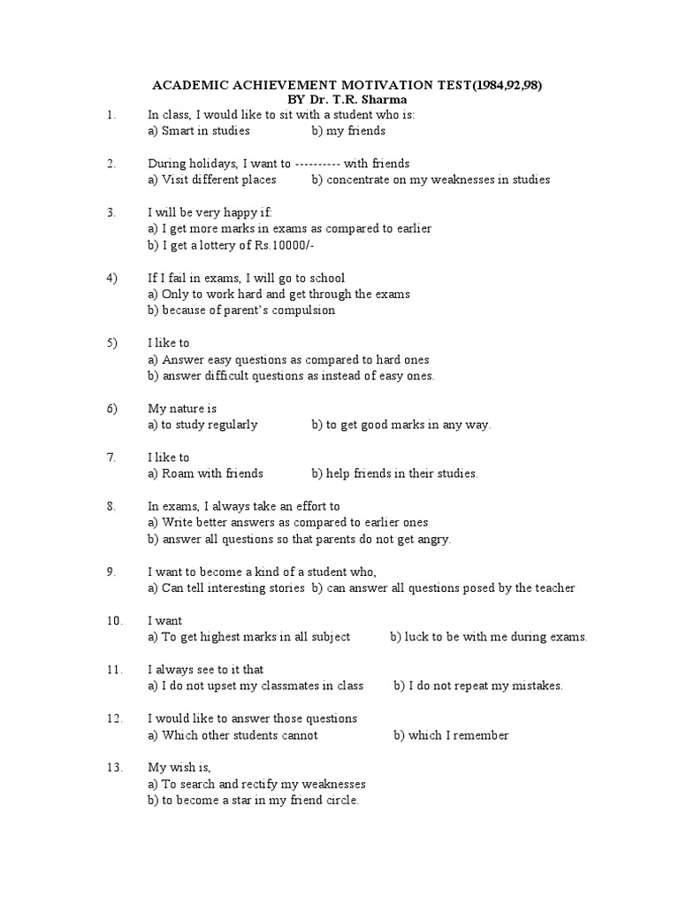 Academic Achievement Motivation Questionnaire Test (Assessment