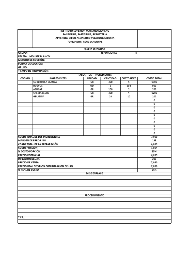 Formato Receta Estandar | PDF | Alimentos | Horneando