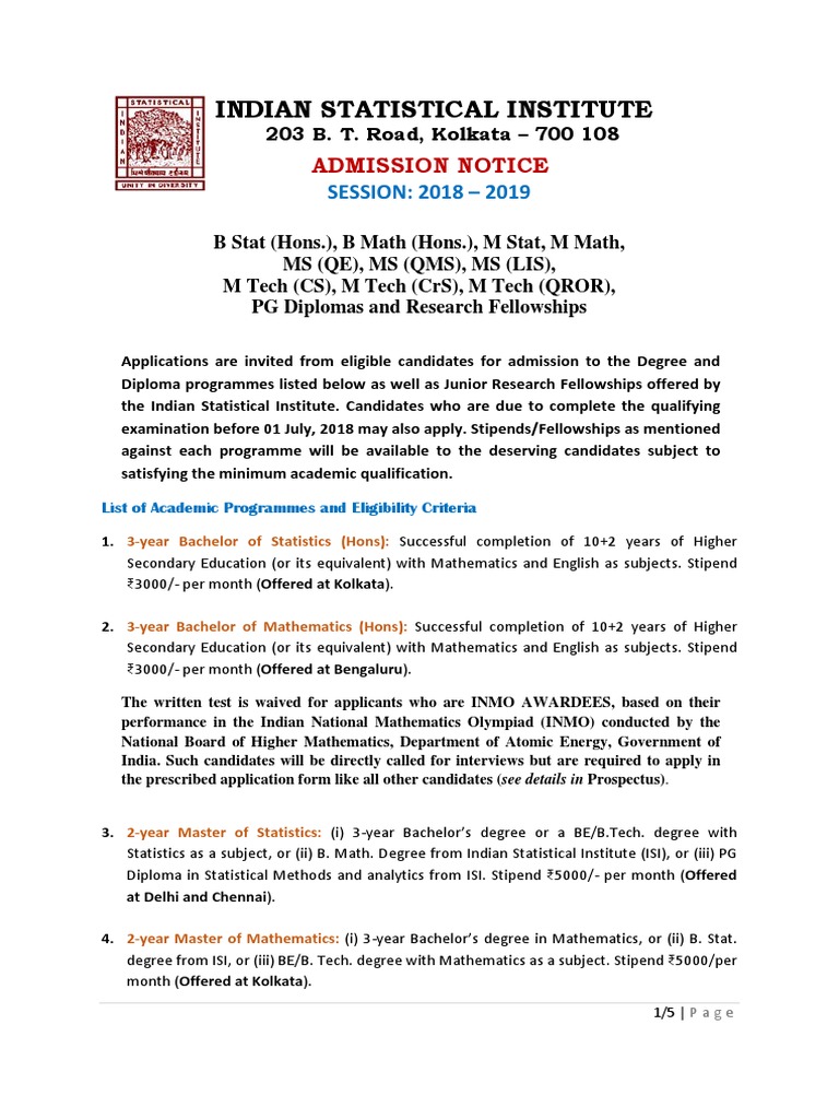 Admission Notice 2018 2019 | PDF | Academic Degree | Master Of Science