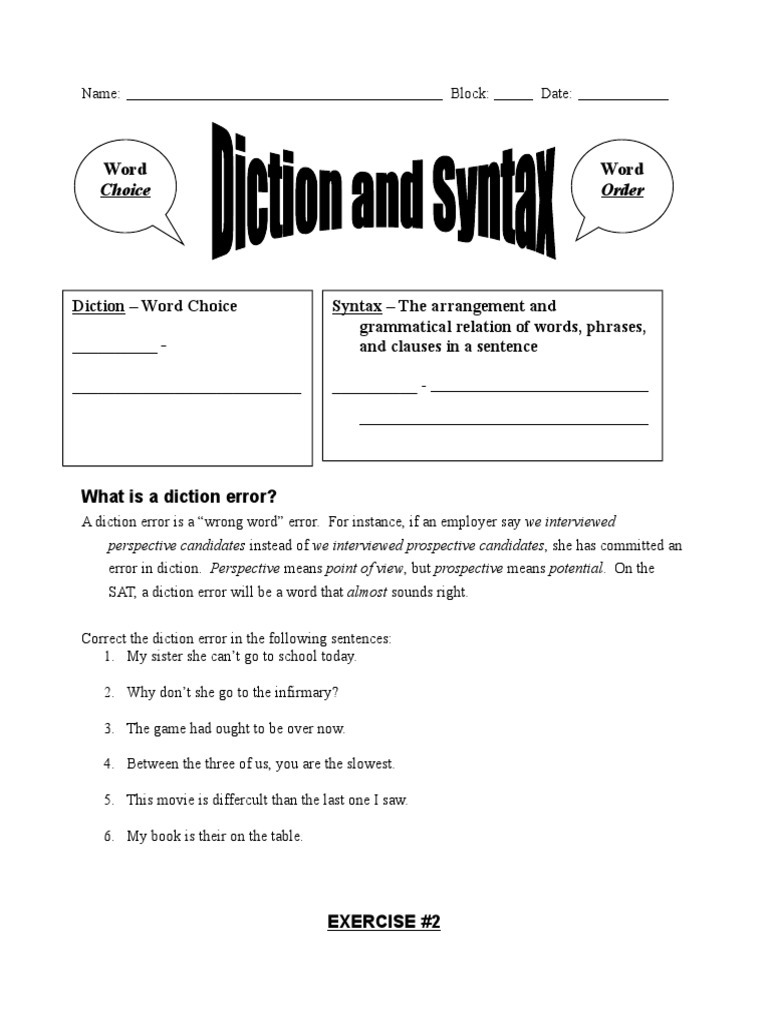 Diction and Syntax Error Exercises | PDF | Sentence (Linguistics) | Phrase