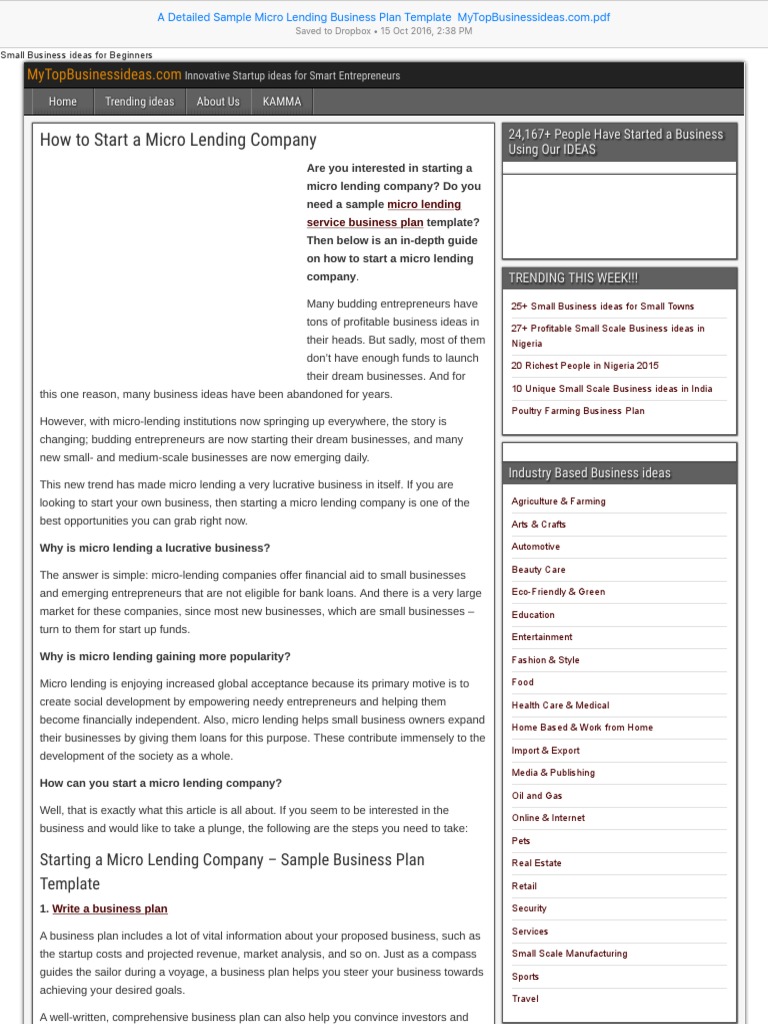 business plan template lending