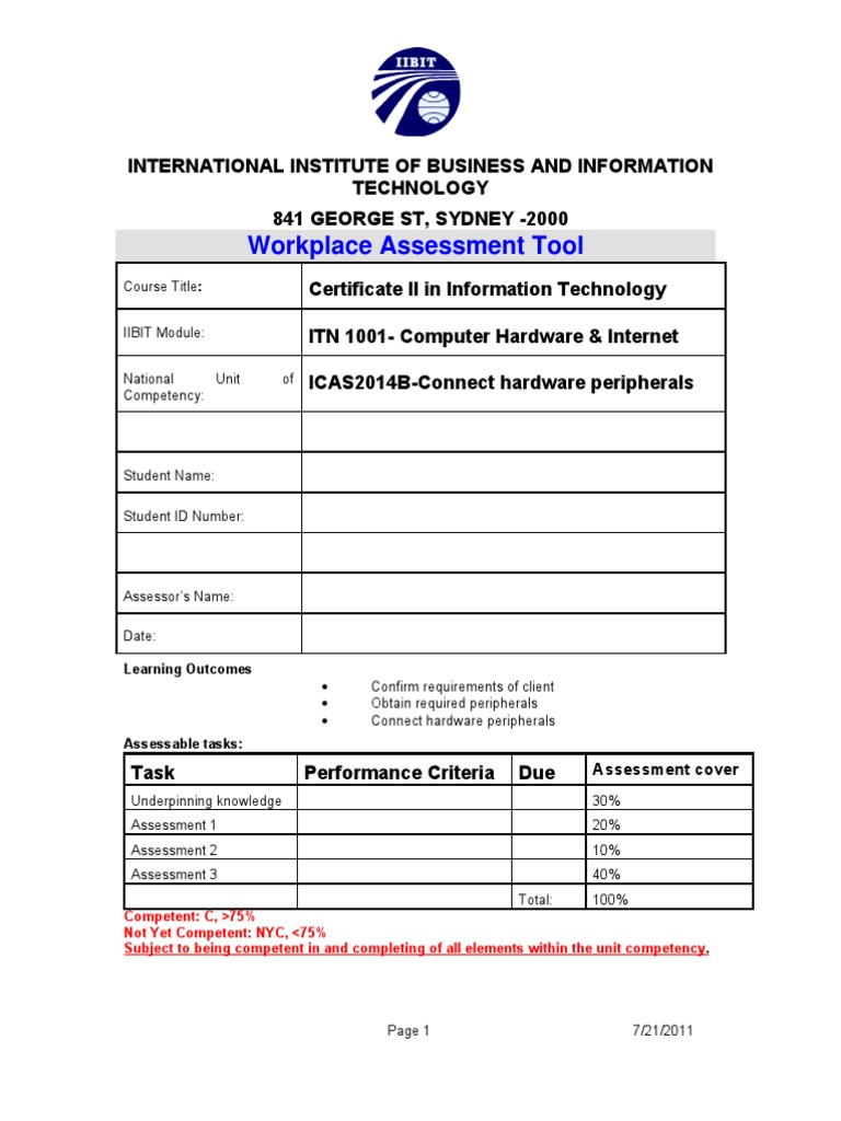 Assessment Plan Connecting Hardware Peripherlas ICAS2014A Operating