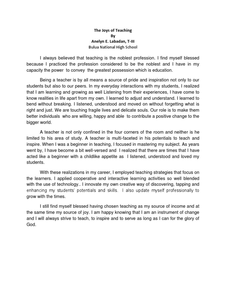 The Joys of Teaching by Anelyn E. Labadan, T-III | PDF