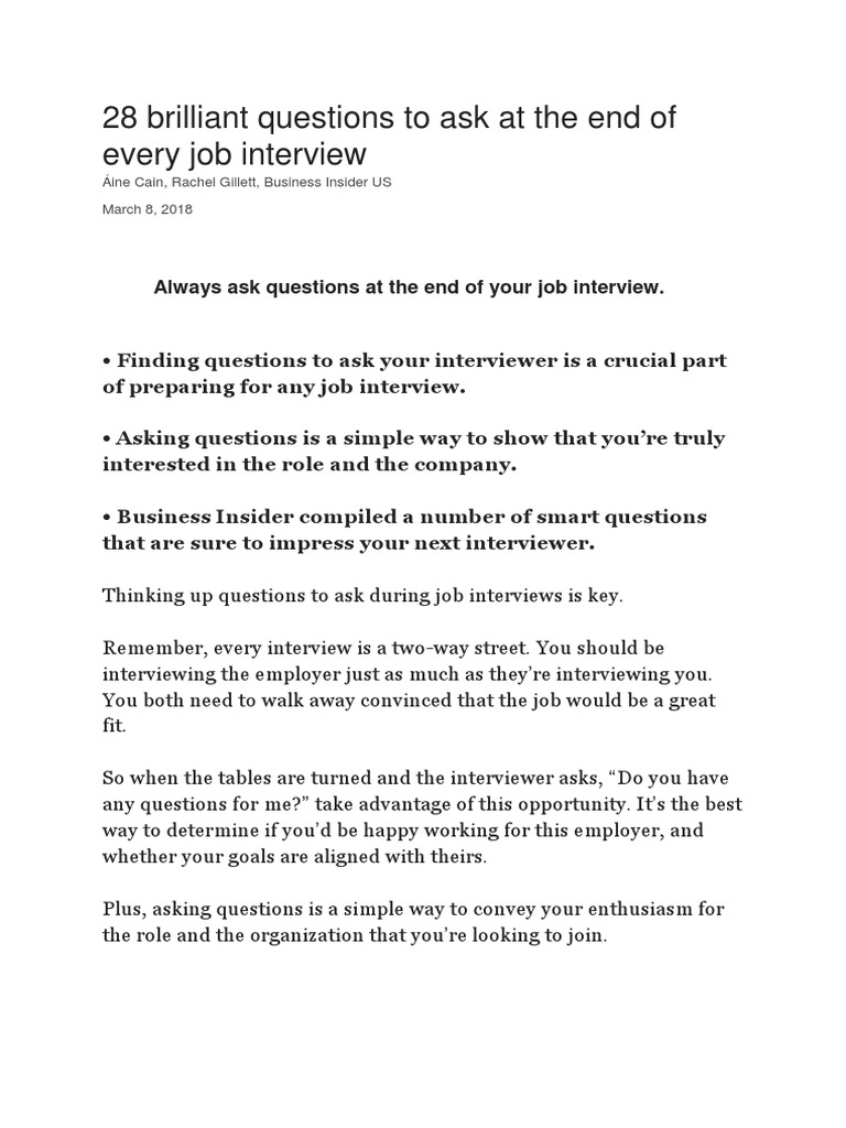 Smart Questions for Job Interviews | PDF | Job Interview | Employment