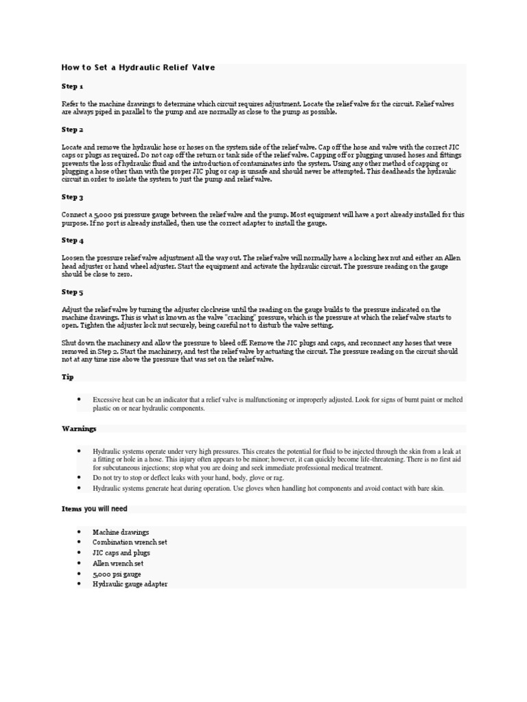 How To Set A Hydraulic Relief Valve PDF Valve Gases