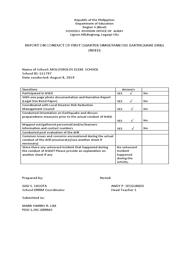 First Quarter Earthquake Drill Report | PDF