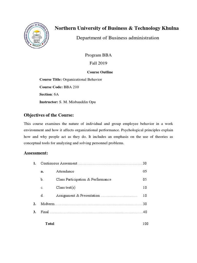 Organizational Behavior Course Outline | PDF | Organizational Behavior ...