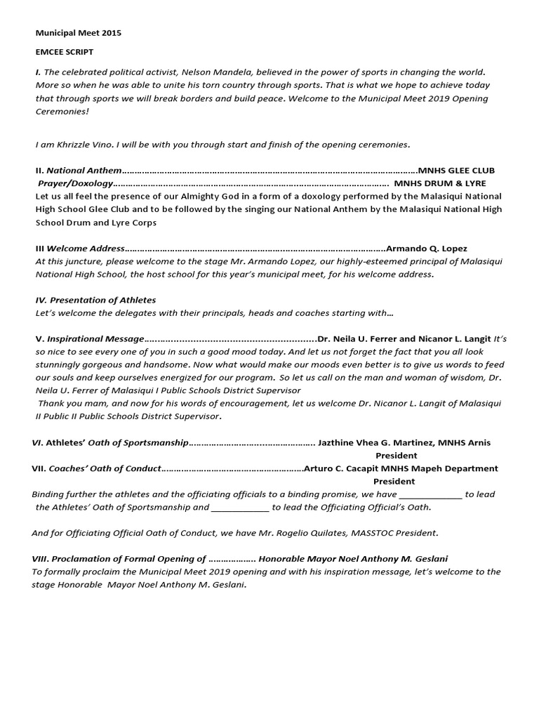Municipal Meet 2019 Emcee Script | PDF | Politics | Sports & Recreation