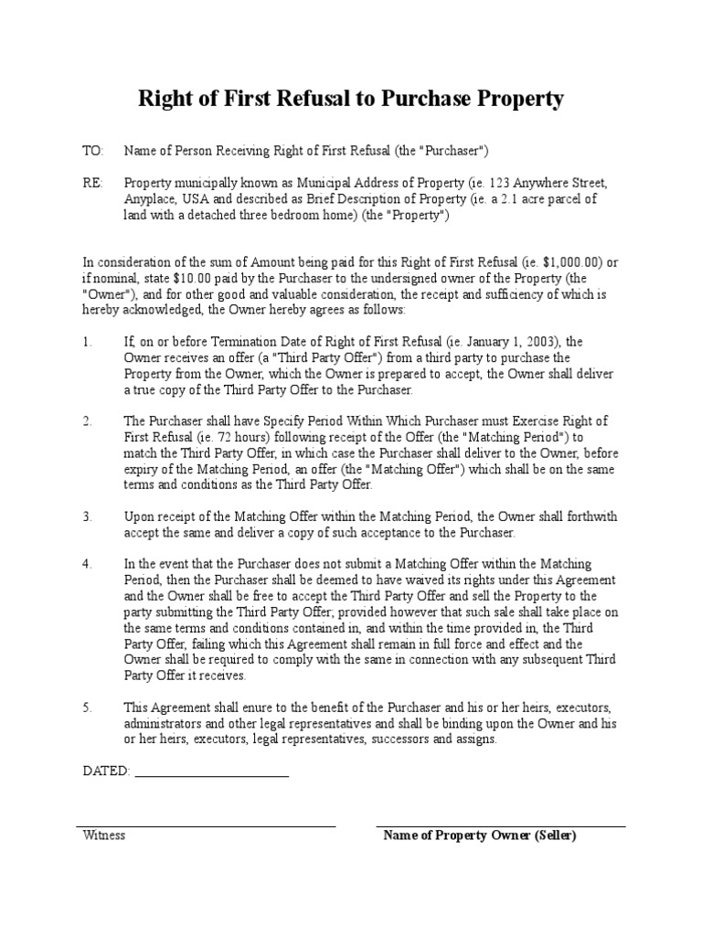 Right of First Refusal To Purchase Property PDF Property Legal Concepts