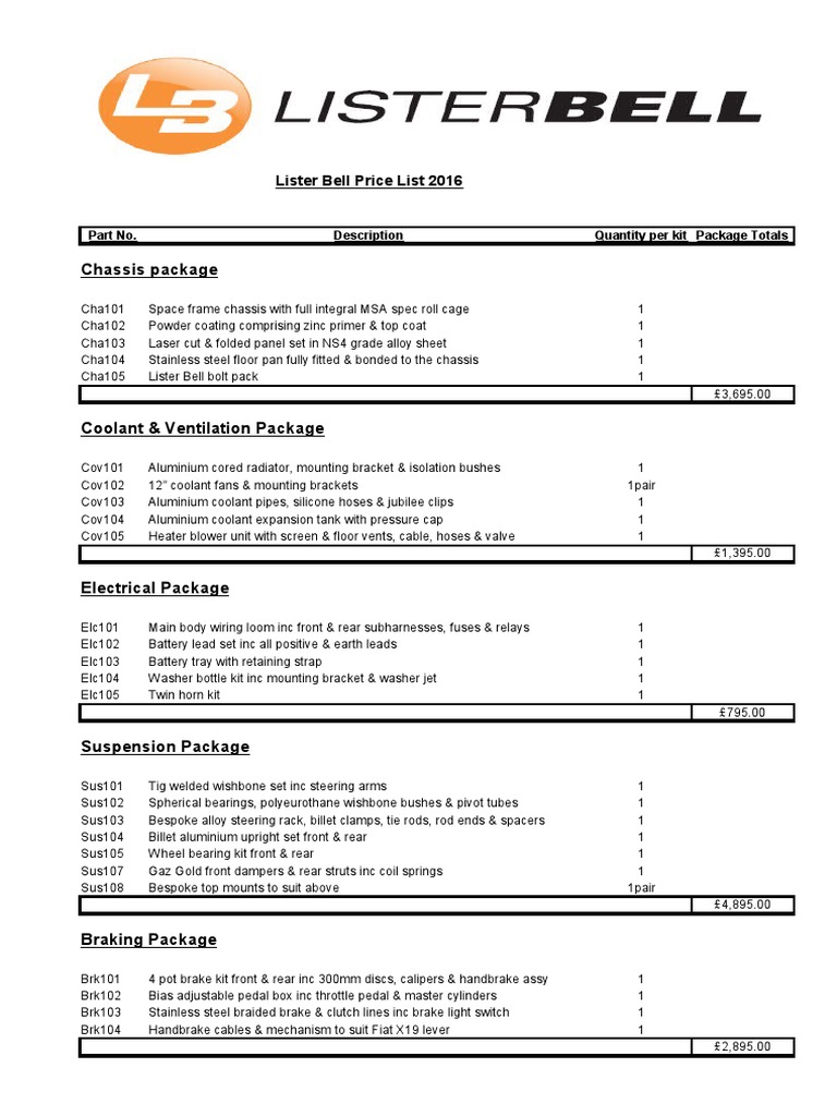 Lister Bell Price List 2016 PDF Land Vehicles Vehicle Parts