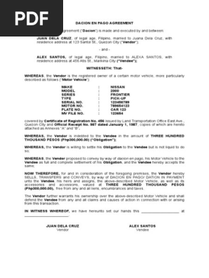 Dacion En Pago Sample Pdf Property Civil Law Common Law