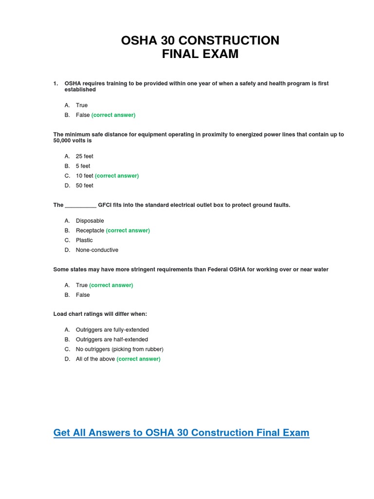 OSHA 30 Construction Final Test Answer Key Occupational Safety And