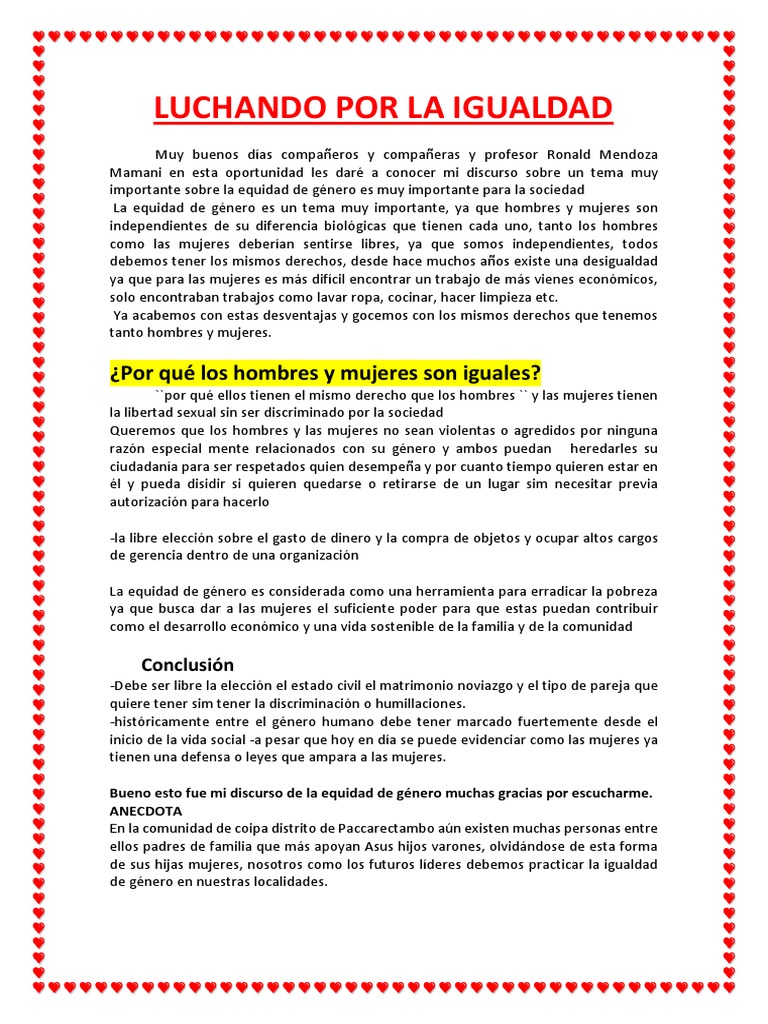 Discurso sobre Equidad de Género | PDF | Igualdad de género | Estudios ...