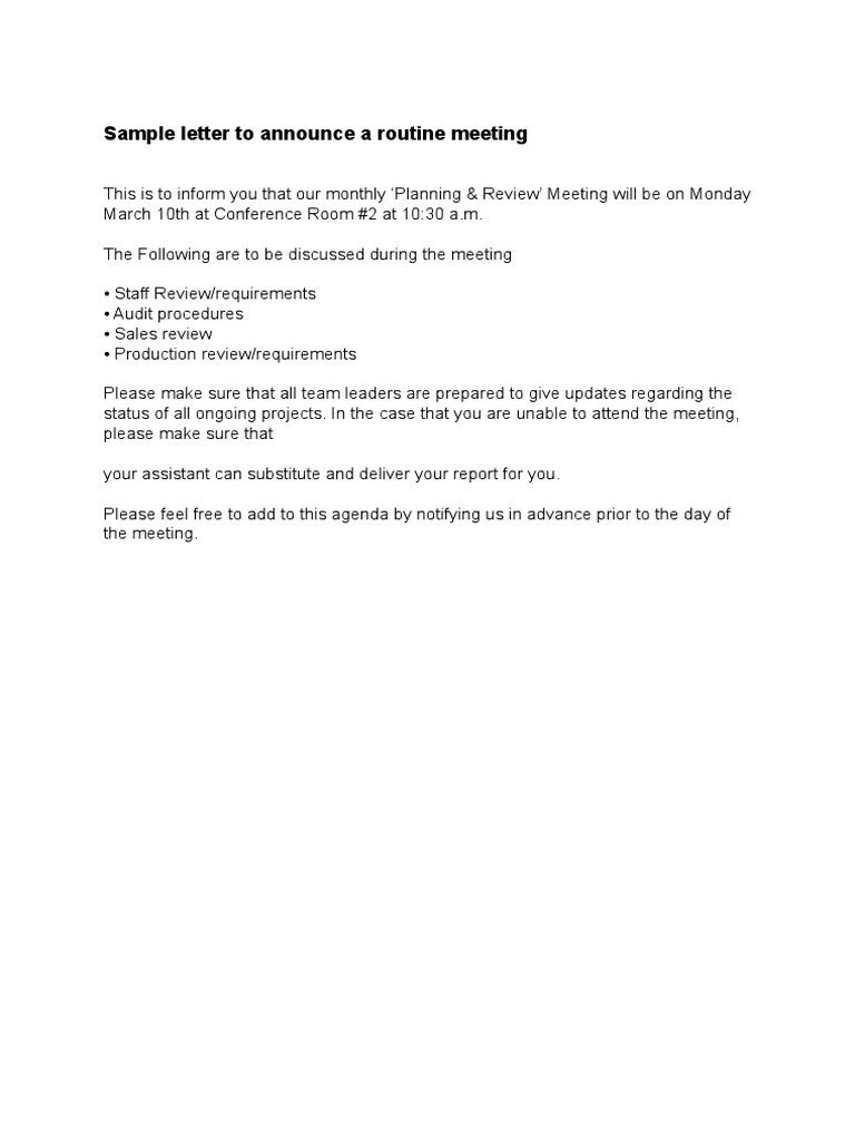 Sample Letter To Announce A Routine Meeting | PDF