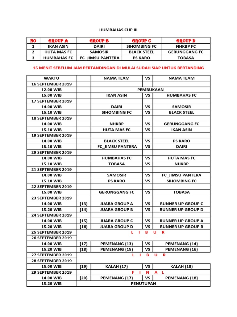 NO Group A Group B Group C Group D 15 Menit Sebelum Jam Pertandingan