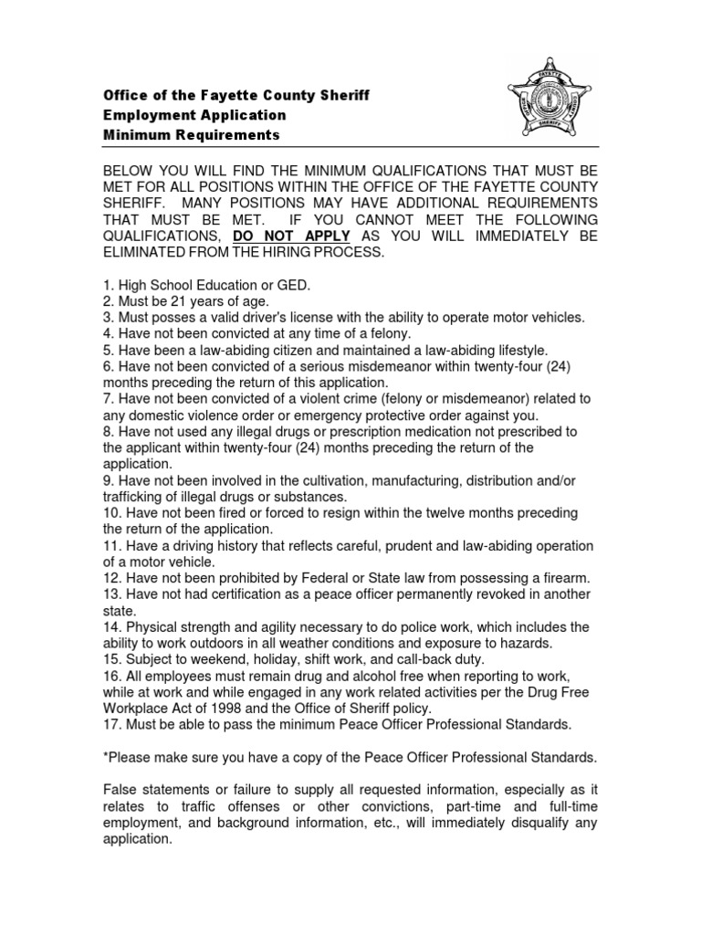 Office of The Fayette County Sheriff Employment Application Minimum