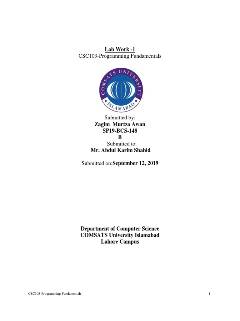 CSC103-Programming Fundamentals: Lab Work - 1 | PDF | Arithmetic ...