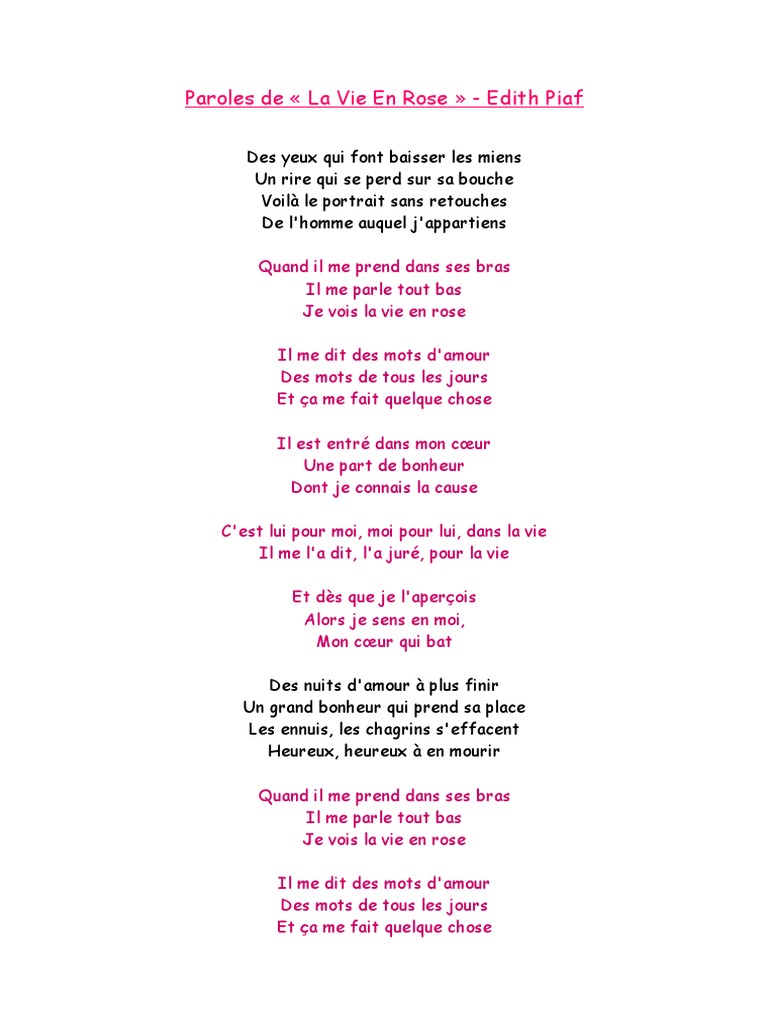 Parole La Vie En Rose A Imprimer Paroles La Vie en Rose - Edith Piaf | PDF