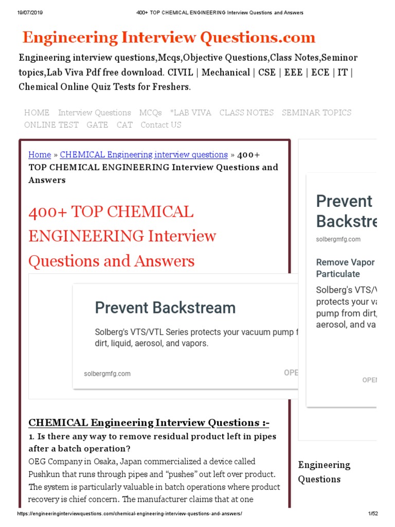 Chemical Engineering Interview Questions PDF Heat Exchanger