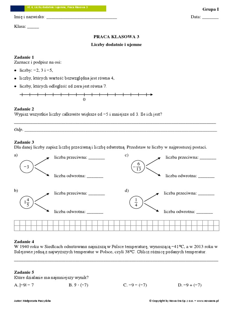 Sprawdzian Matematyka Klasa 6 Dzial 3