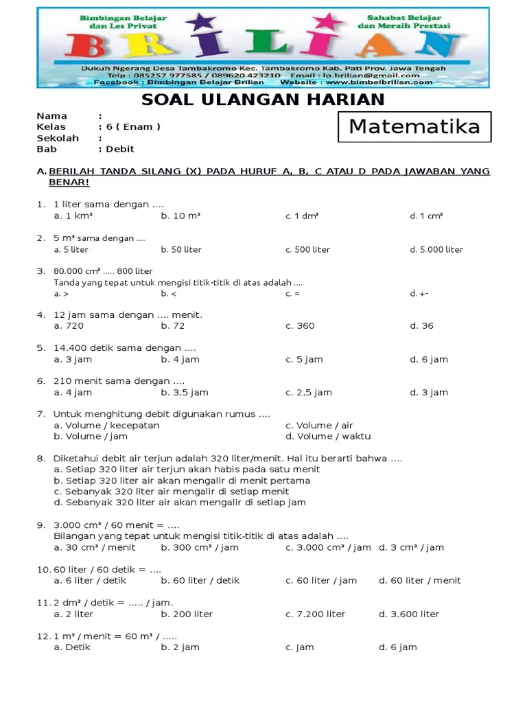 Soal Matematika Kelas 6 Sd Bab 2 Debit Dan Kunci Jawaban