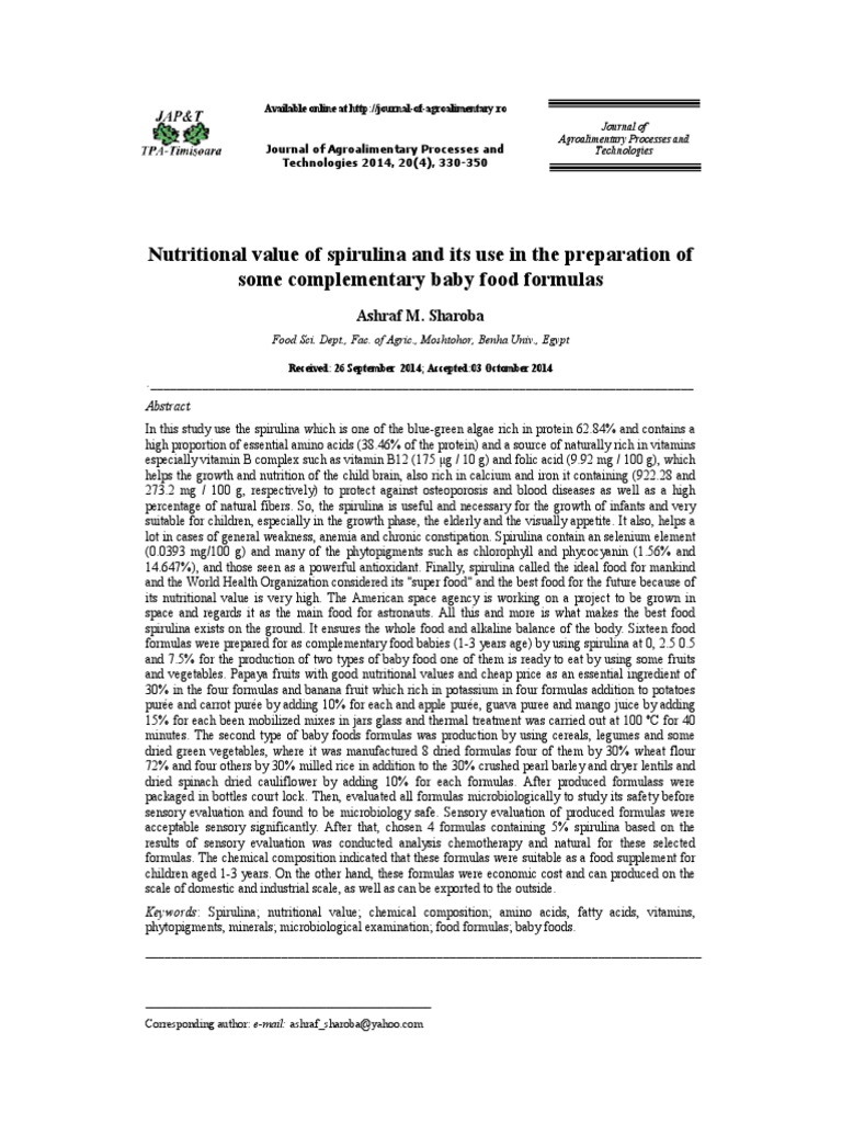Nutritional Value of Spirulina and Its U PDF PDF Foods Gas Chromatography