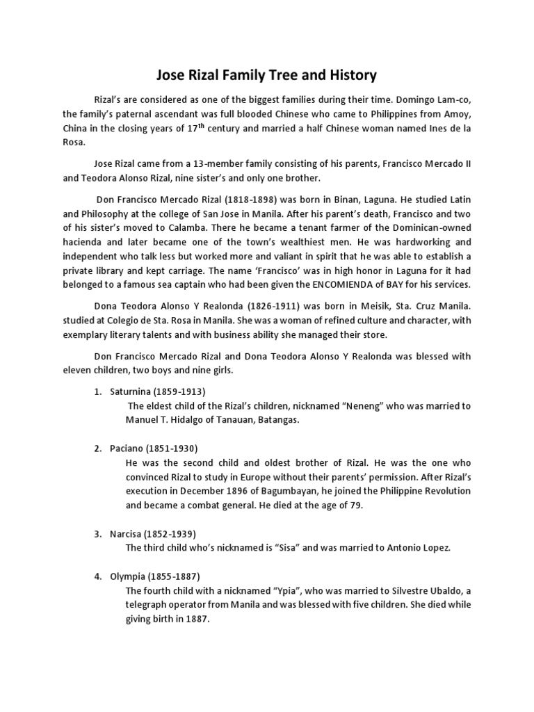 Jose Rizal Family Tree and History | PDF