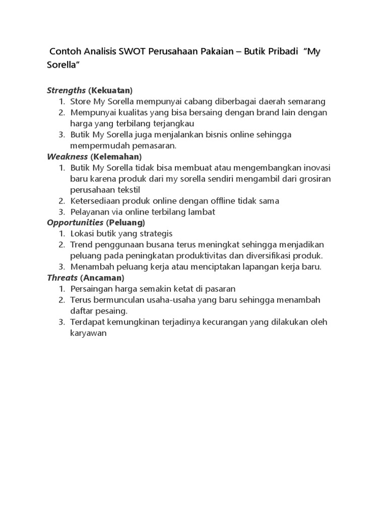Contoh Analisis SWOT My Sorella | PDF | Karier & Perkembangan | Bisnis