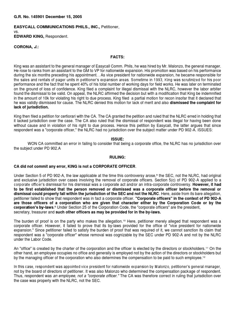 Easycall v. King GR 145901 - 478 SCRA 102 Case Digest | PDF | Board Of ...
