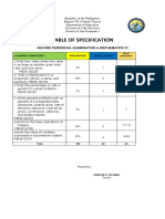 Table of Specification: Second Periodical Examination in Mathematics Vi